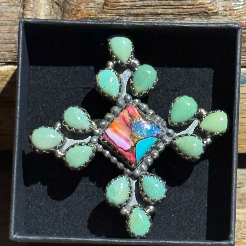 Southwestern Summertime Copper Varascite Cross Sterling Silver Adjustable Ring